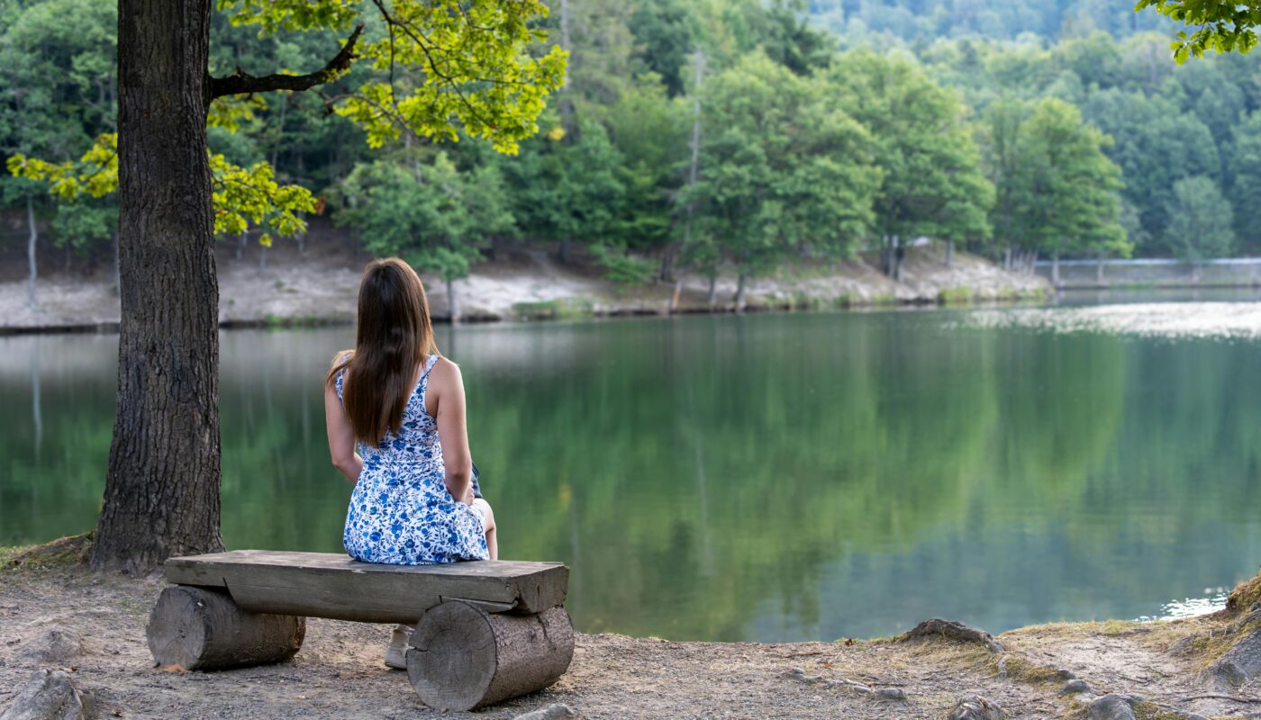 https://www.pexels.com/photo/brunette-woman-in-blue-dress-sitting-on-bench-and-looking-at-lake-19283220/